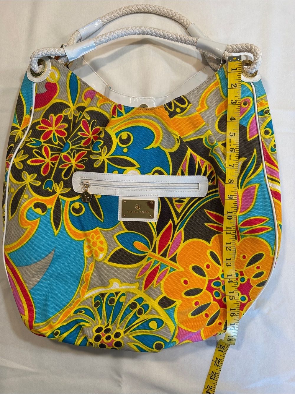 Trina Turk Hobo Tote Bag Multicolor Floral Canvas Gold Logo Beach Pool Vacay - Picture 10 of 14